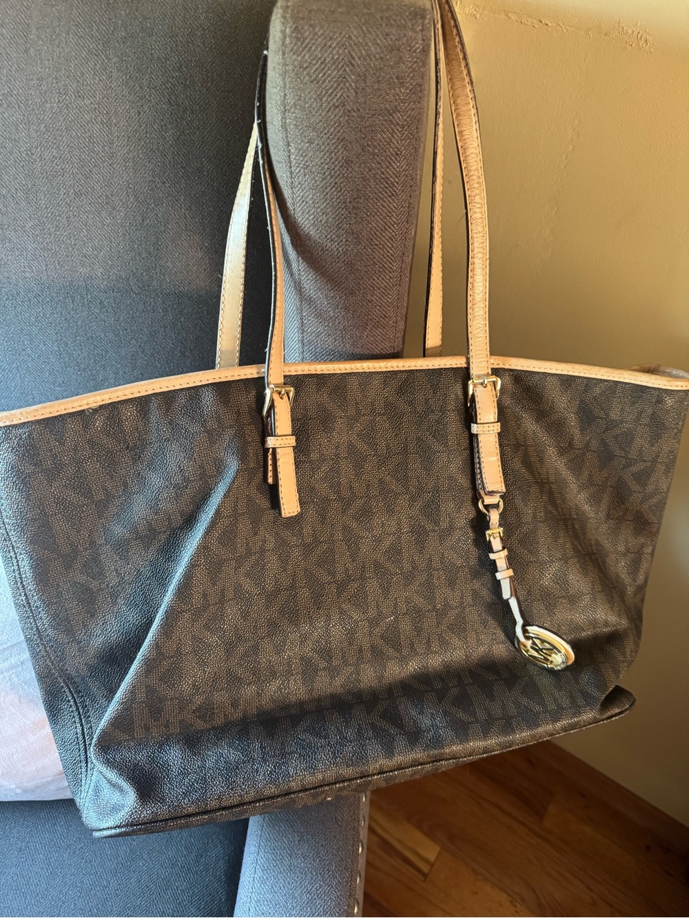 Michael Kors Brown MK Logo Tote with Tan Trim
